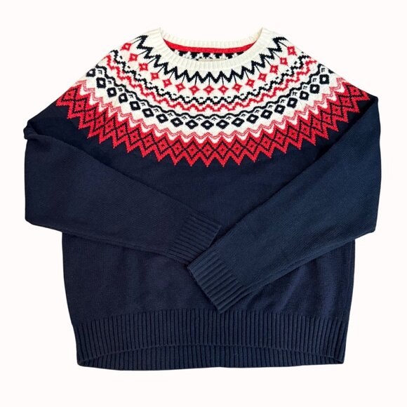 Fair Isle Navy Sweater Mens Large Knit Cozy Warm Cabin Core Pullover Classic Ski - Picture 1 of 14